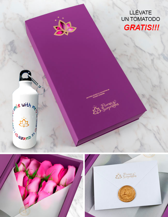 Caja Lila de 12 Rosas fucsia