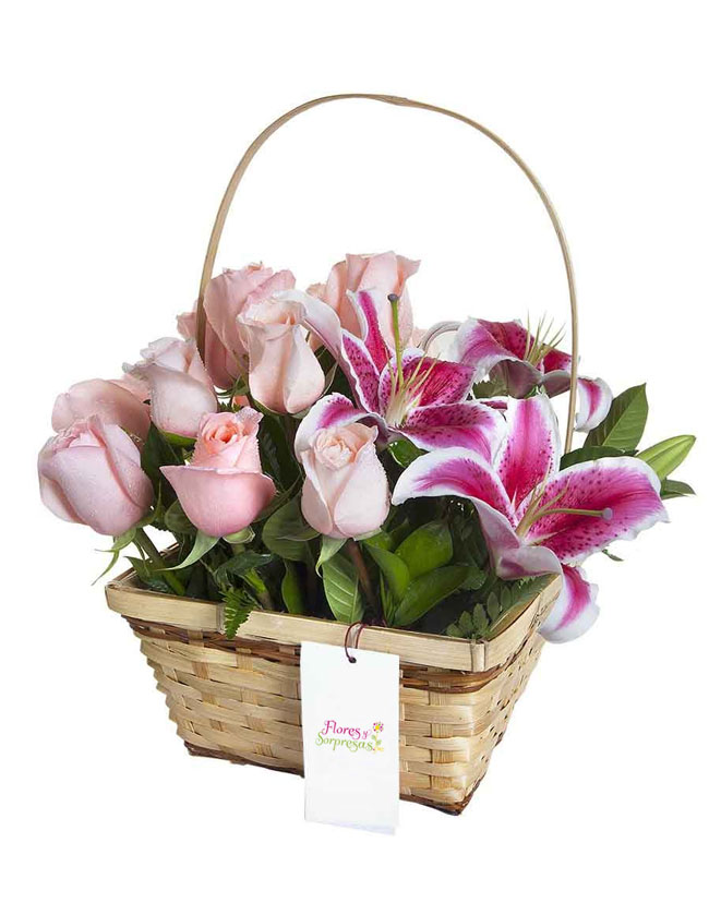 Canasta con rosas rosadas